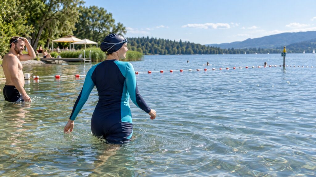 KI-generierte erwachsene Schwimmerin im langärmeligen UV-Schutz-Badeanzug an einem markierten Badesee