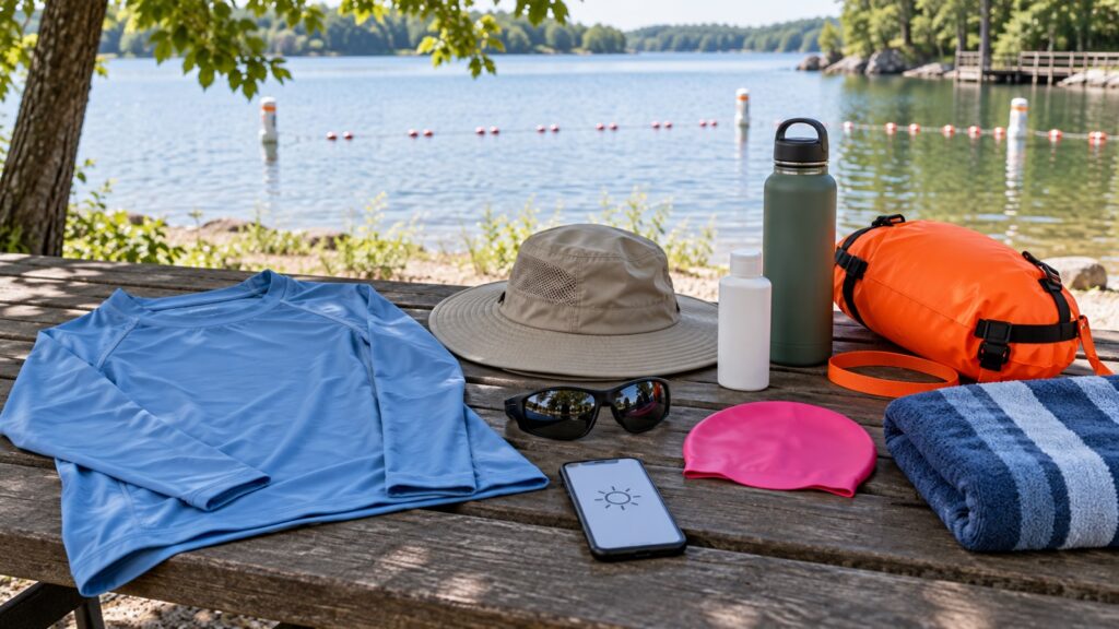 KI-generierte Sonnenschutz-Ausrüstung für das Schwimmen mit UV-Shirt, Hut, Sonnenbrille, Badekappe und Sicherheitsboje