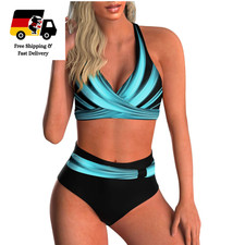 Adigaber Damen Bikini-Set Blau Gestreift Hohe Taille V-Ausschnitt 2-teilig