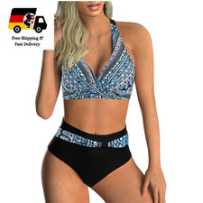 Adigaber Damen Bikini-Set Blauer und Schwarzer Druck Modern Hoch Taille M