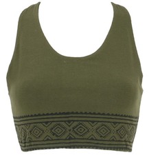 Goa Psytrance Bikini Top, Boho Top, Yoga Bra Top mit Druck - olivgrün