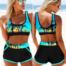 Frauen Print Zweiteiliger Badeanzug Bikini Set Push Up Hohe Taille Blau S-2XL