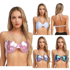DE Frauen Bikini BH Top Halter Hals Perlenketten Glitter Beach Party Badeanzug