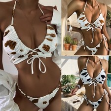 Damen Sommer für bikini Set Cowprint Neckholder Oberteil mit Cutout und