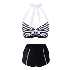 Damen Vintage Retro gestreifter hoch taillierter Bikini zweiteiliger Badeanzug Größe: Small