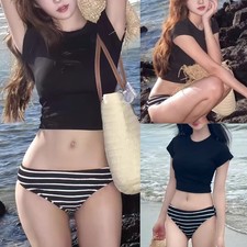 Damen 3 teiliges Badeset Polyester Streifen für bikini mit Kurzarm T-Shirt