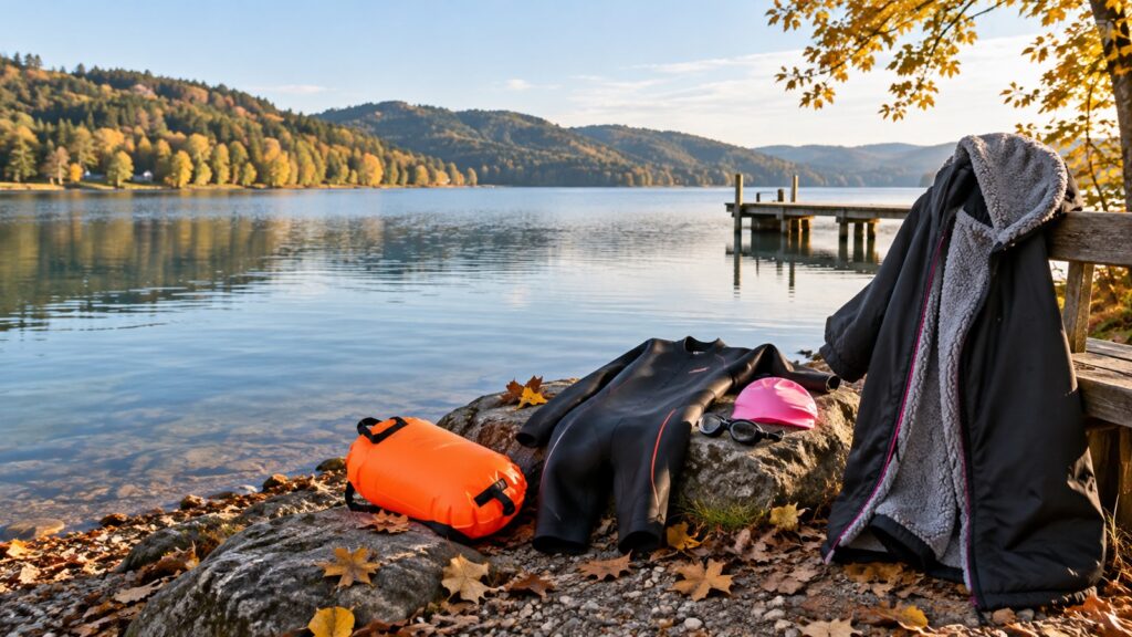 KI-generiertes 16:9-Bild: Neoprenanzug, Sicherheitsboje und warmer Bademantel an einem frühherbstlichen See