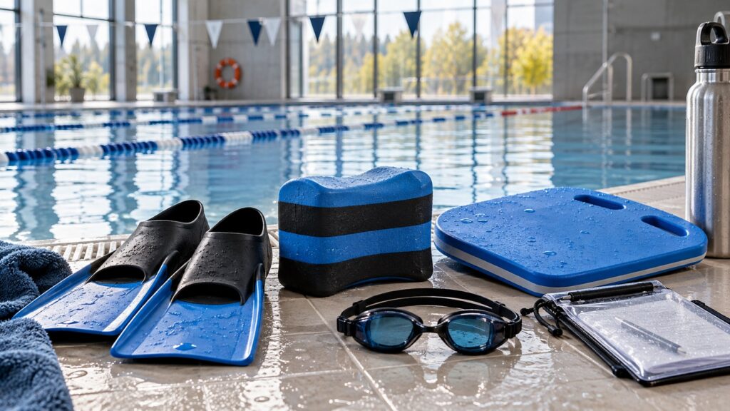 KI-generiertes 16:9-Bild: Schwimmbrett, Pullbuoy, Kurzflossen und Frontschnorchel geordnet am Hallenbadbecken