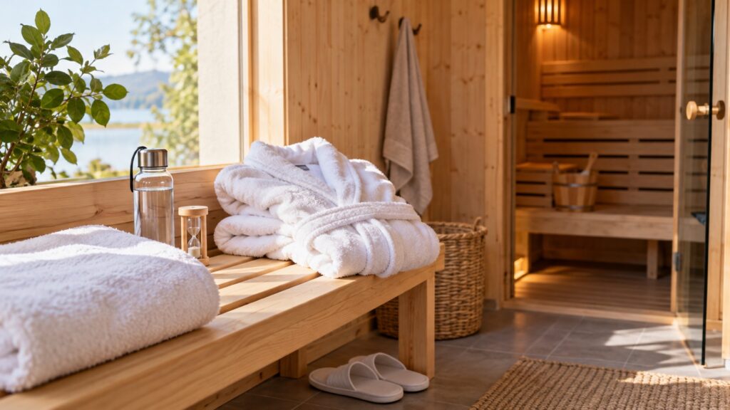 KI-generiertes 16:9-Bild: ein sauber gefaltetes Saunatuch, Badesandalen, Trinkflasche und Bademantel in einer ruhigen Umkleide