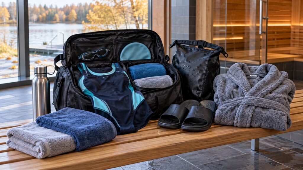 KI-generiertes 16:9-Bild: eine offene Sporttasche mit Sportbadeanzug, Schwimmbrille, Saunatuch, Bademantel und warmer Wechselkleidung